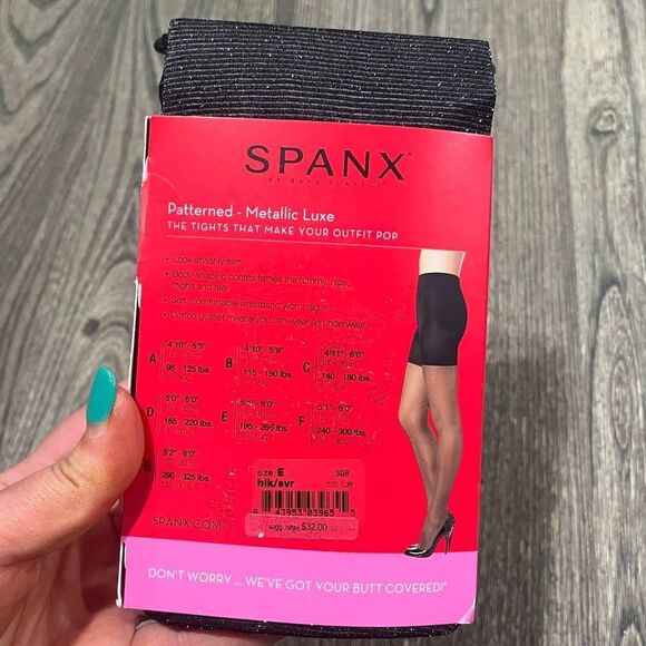 NWT Spanx Patterned Tight-End Tights Metallic Luxe Stretch Black Silver Size E - Picture 3 of 4